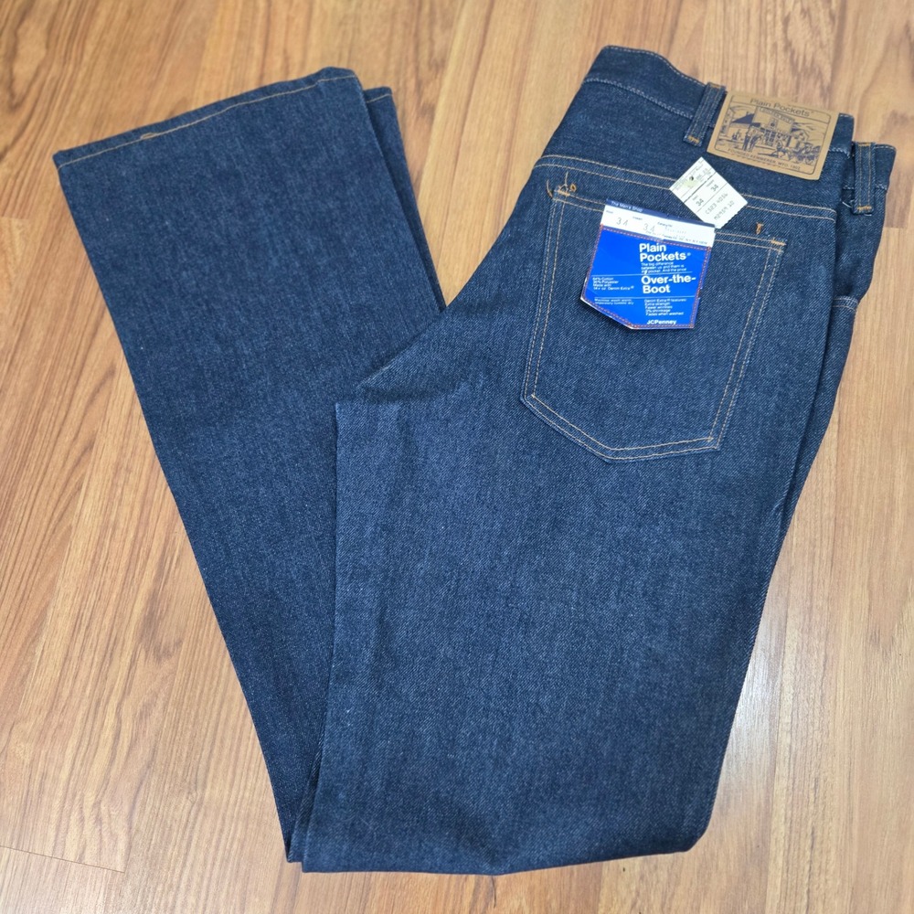 Vtg 70s JC Penney Plain Pockets Jeans Mens 34x34 Dark Over-the-Boot Deadstock